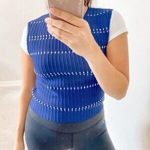 Sandro Nea Sweater Vest Sleeveless Navy Blue White Medium Preppy Knit Crop NWT